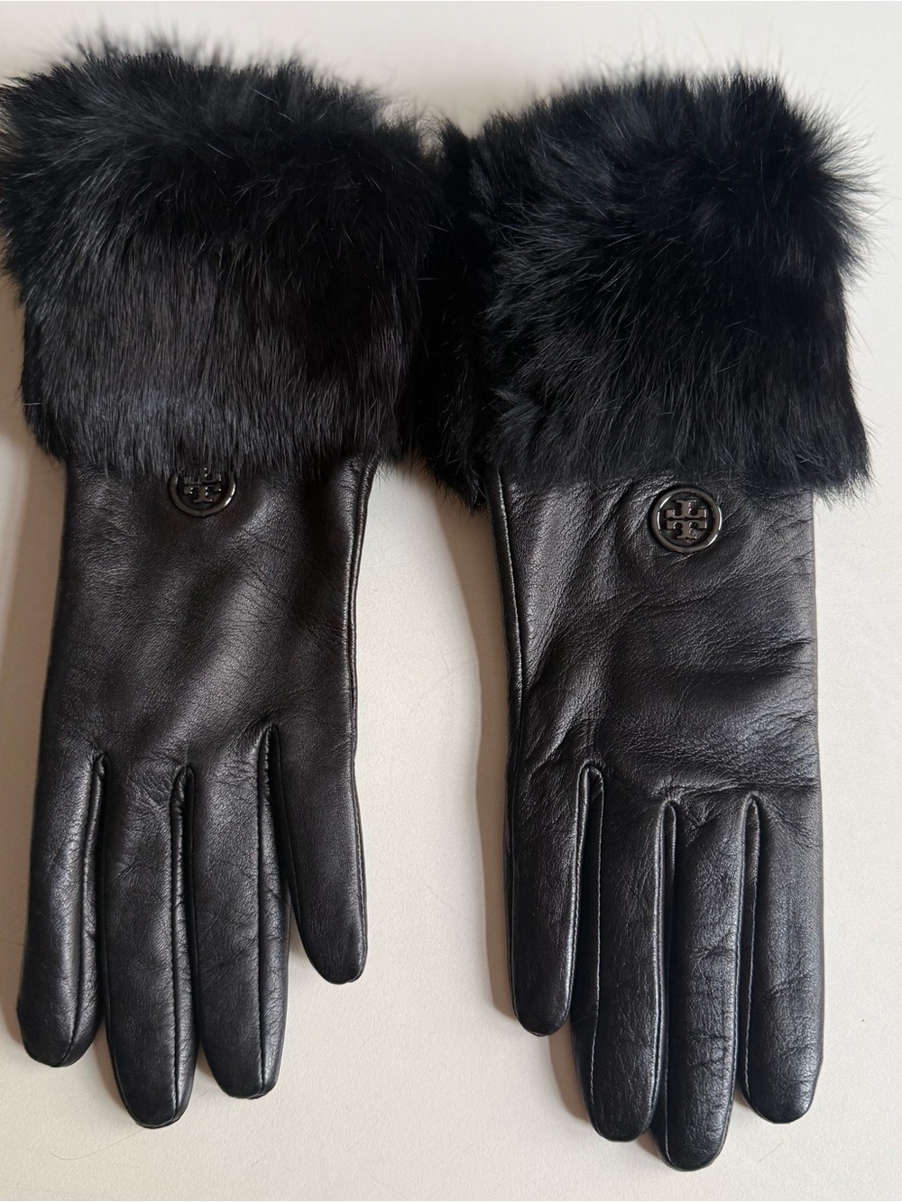 Tory Burch 100% Leather Cashmere Fur Gloves Size 6 (XS) Authentic Cuff Black